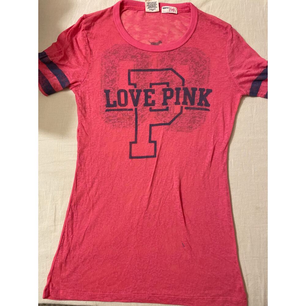Victoria's Secret Love Pink Women's Size Small‎ Baseball Tee Shirt Distressed